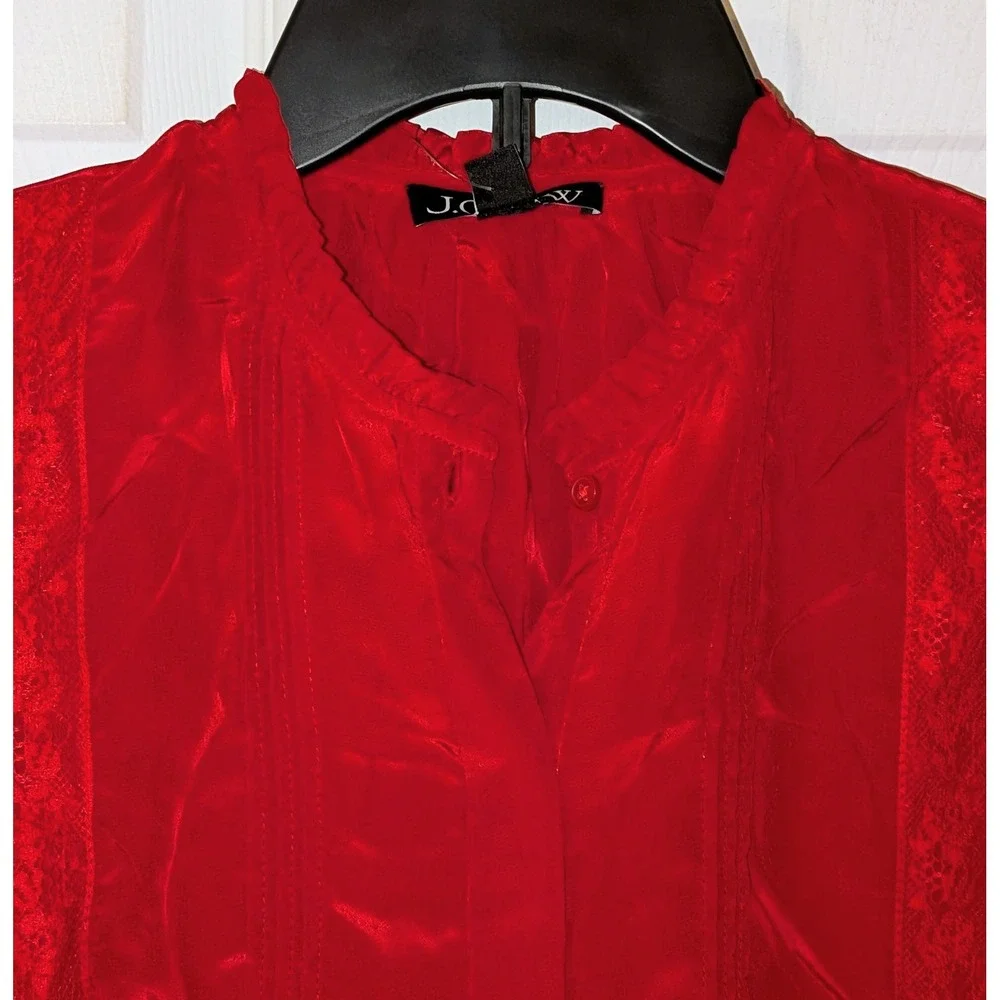 J.Crew CN519 Red Lace Trim Pintuck Ruffle Blouse‎ Top Size 0 NWT  $98